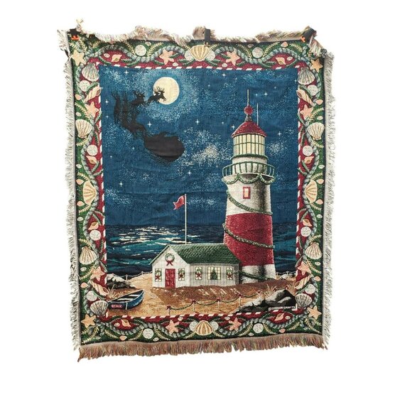 Christmas Lighthouse Woven Tapestry Throw Crown Crafts 58" X 48" Coastal Holiday - Picture 1 of 8